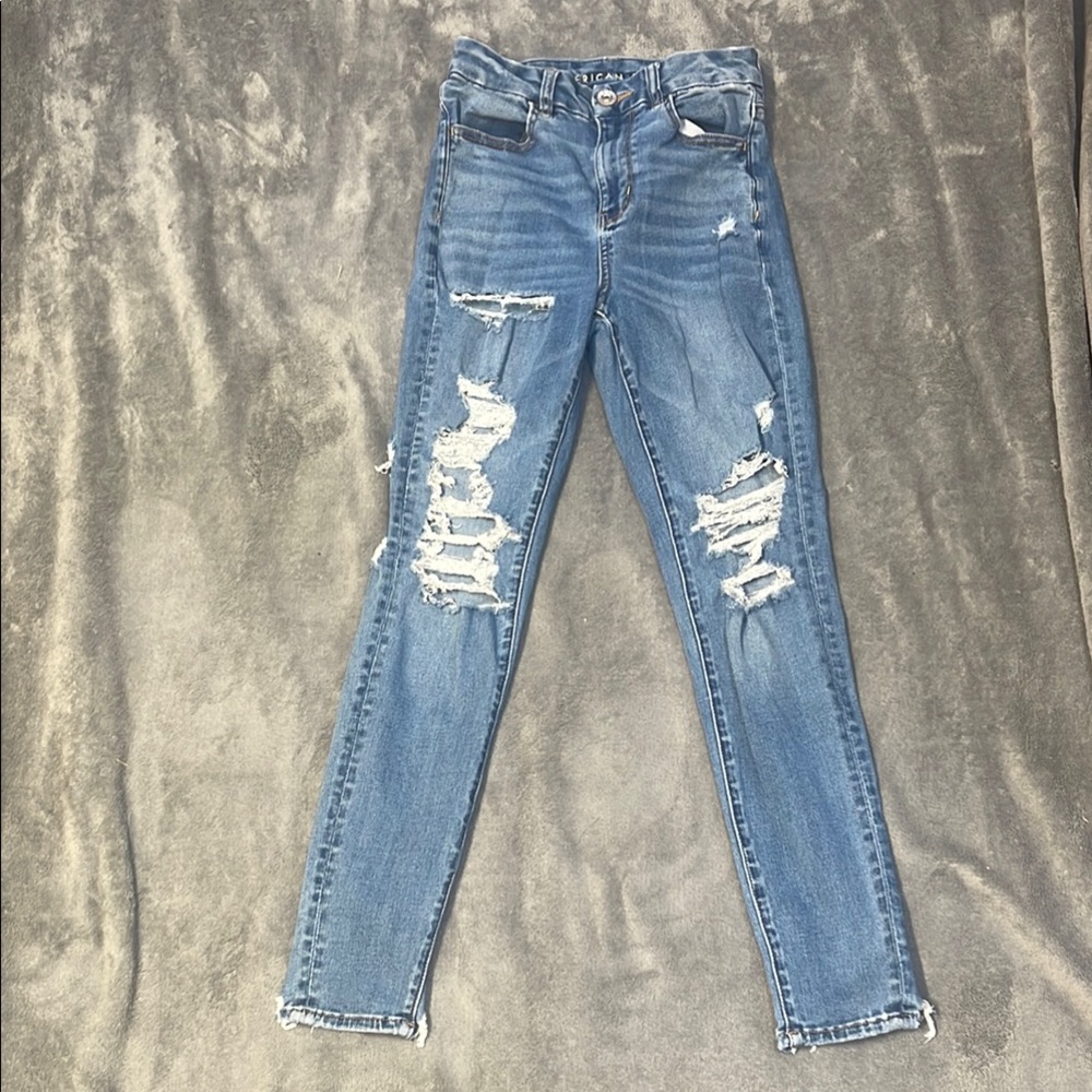 American Eagle Outfitters Blue Skinny Jeans with Distressed Details